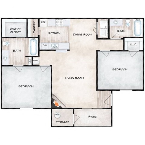 Floor plan for 2 beds, 2 baths, 950 sqft